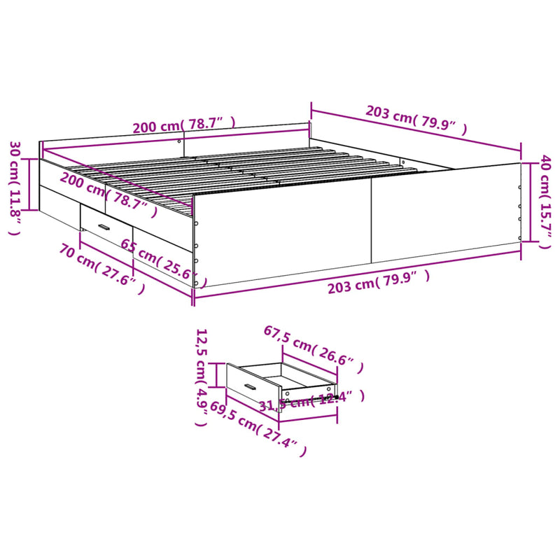 Sengeramme med skuffer svart 200x200 cm konstruert tre