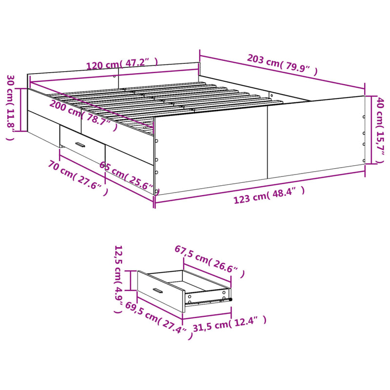 Sengeramme med skuffer svart 120x200 cm konstruert tre