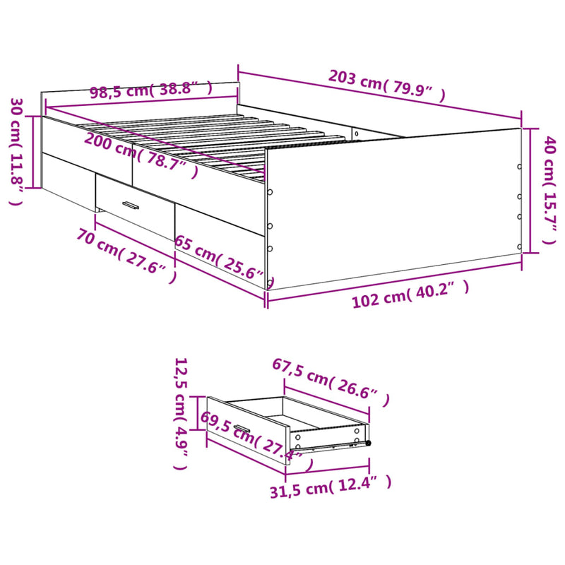 Sengeramme med skuffer røkt eik 100x200 cm konstruert tre