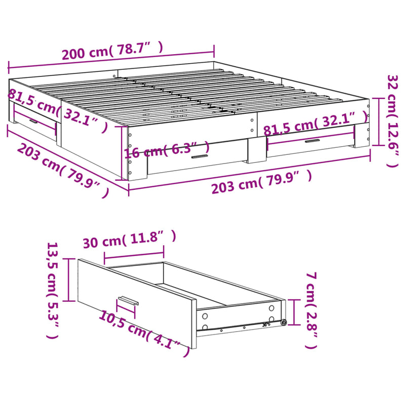 Sengeramme med skuffer betonggrå 200x200 cm konstruert tre