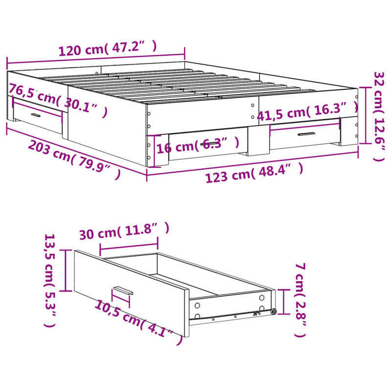 Sengeramme med skuffer røkt eik 120x200 cm konstruert tre