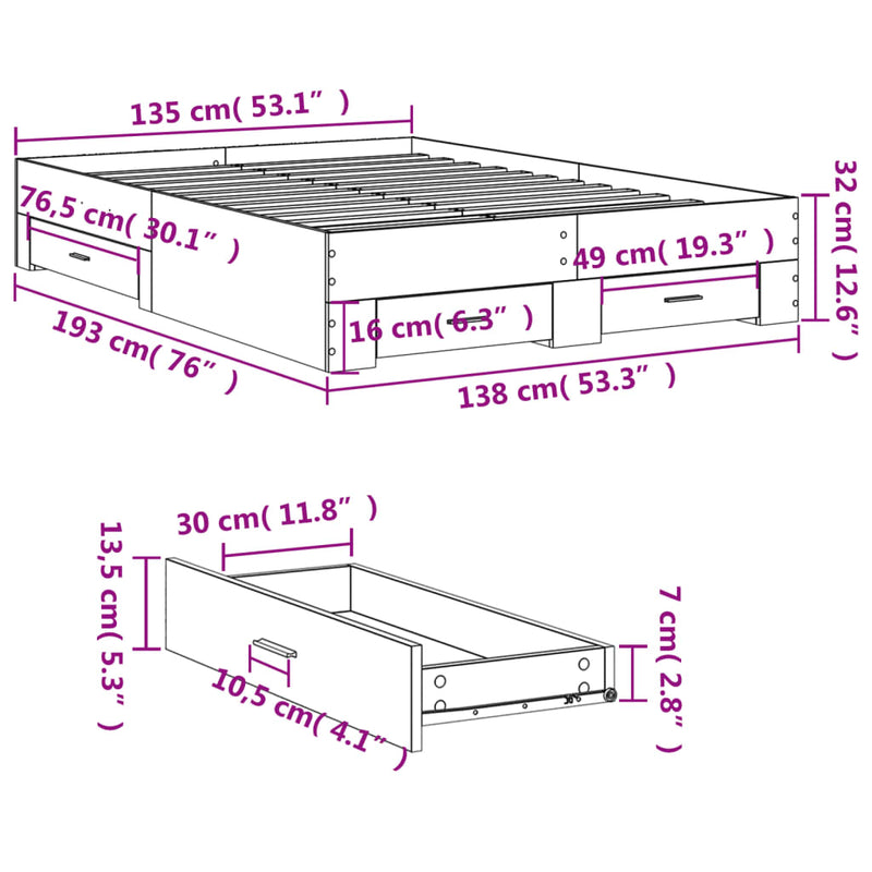 Sengeramme med skuffer sonoma eik 135x190 cm konstruert tre