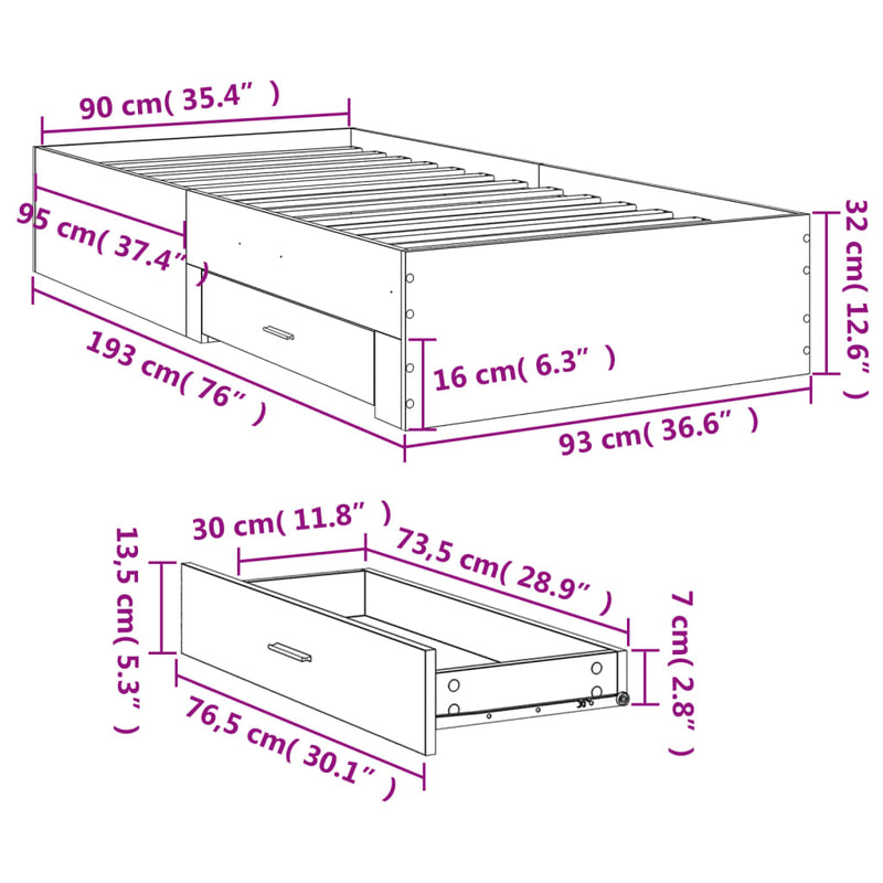 Sengeramme med skuffer sonoma eik 90x190 cm konstruert tre