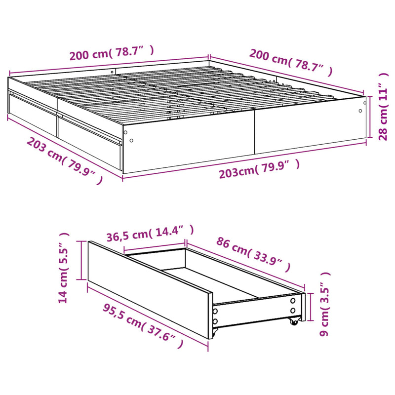 Sengeramme med skuffer sonoma eik 200x200 cm konstruert tre