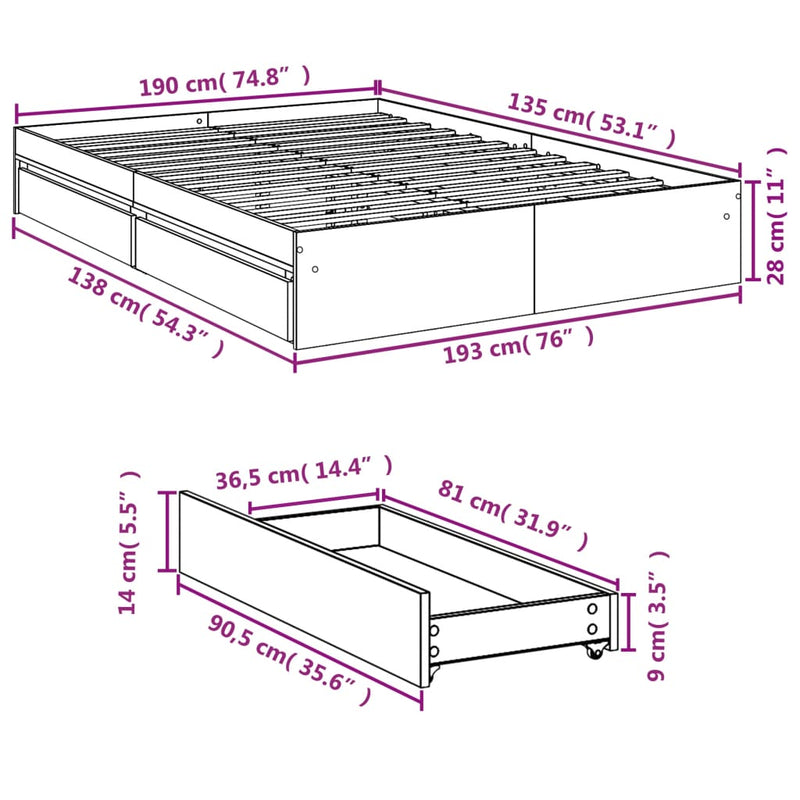 Sengeramme med skuffer sonoma eik 135x190 cm konstruert tre