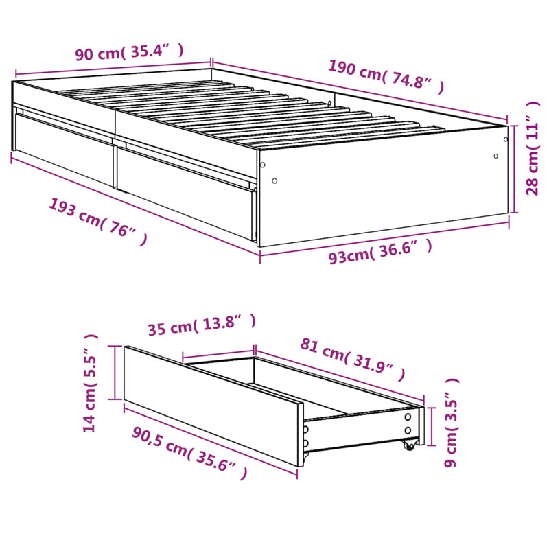 Sengeramme med skuffer brun eik 90x190 cm konstruert tre