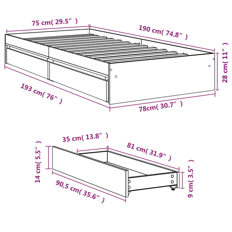 Sengeramme med skuffer betonggrå 75x190 cm konstruert tre