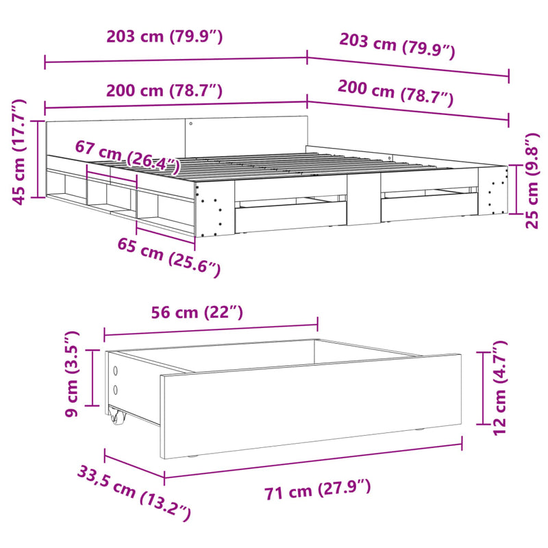 Sengeramme med skuffer sonoma eik 200x200 cm konstruert tre