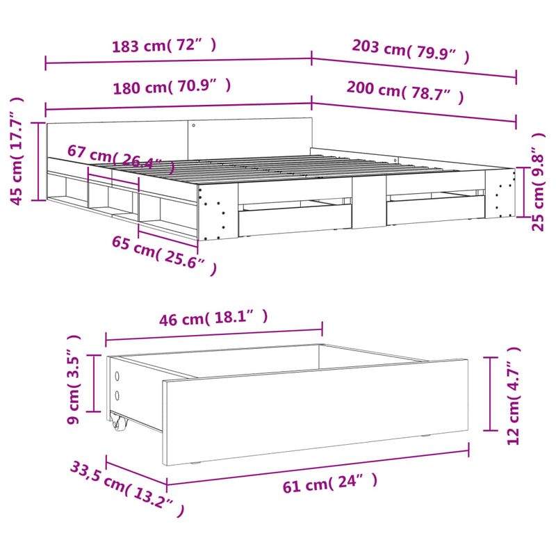 Sengeramme med skuffer brun eik 180x200 cm konstruert tre