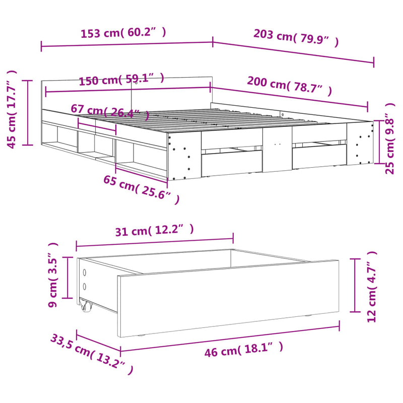 Sengeramme med skuffer betonggrå 150x200 cm konstruert tre