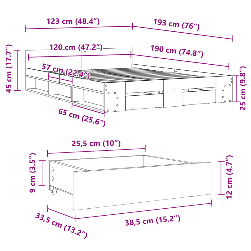 Sengeramme med skuffer hvit 120x190 cm konstruert tre