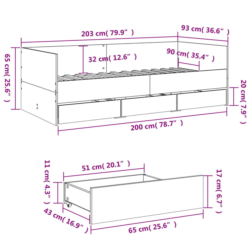 Dagseng med skuffer hvit 90x200 cm konstruert tre