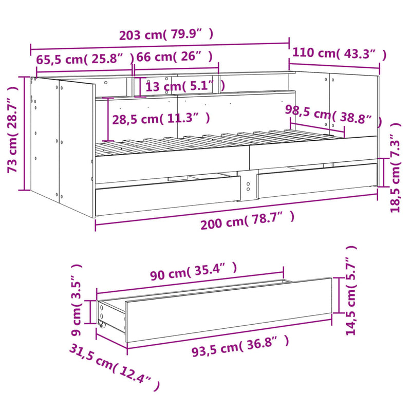 Dagseng med skuffer hvit 100x200 cm konstruert tre