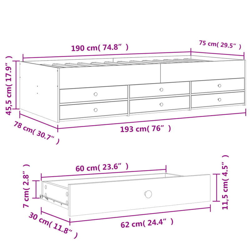 Dagseng med skuffer sonoma eik 75x190 cm konstruert tre