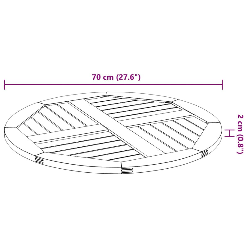 Bordplate Ø70x2 cm rund heltre akasie