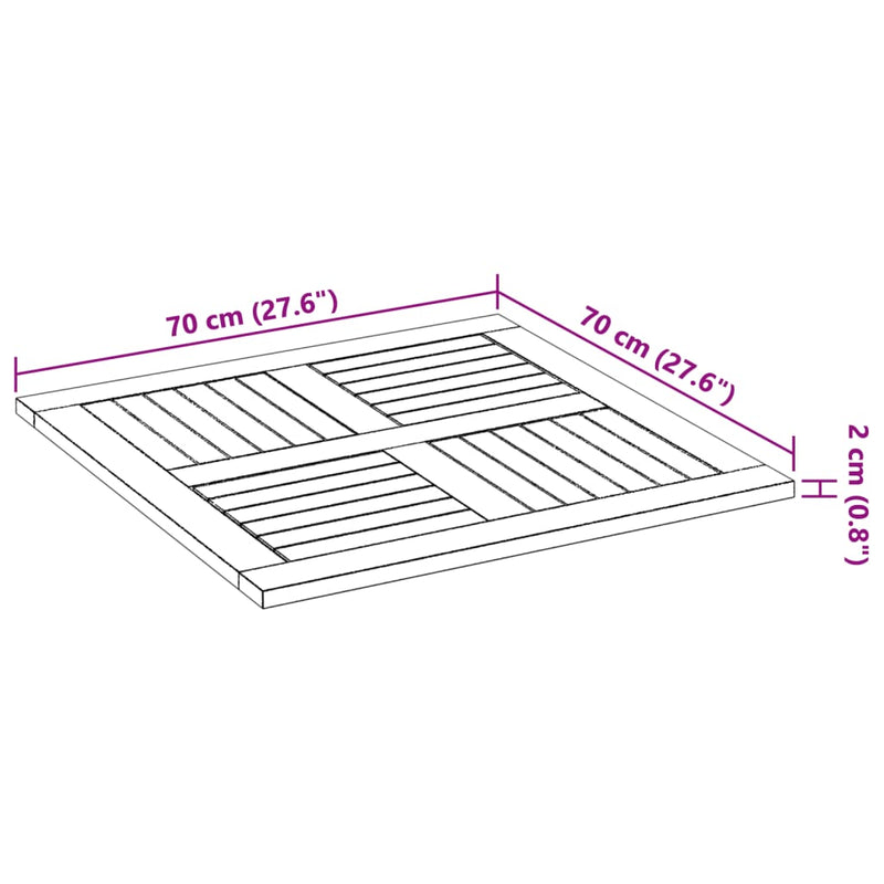 Bordplate 70x70x2 cm firkantet heltre akasie