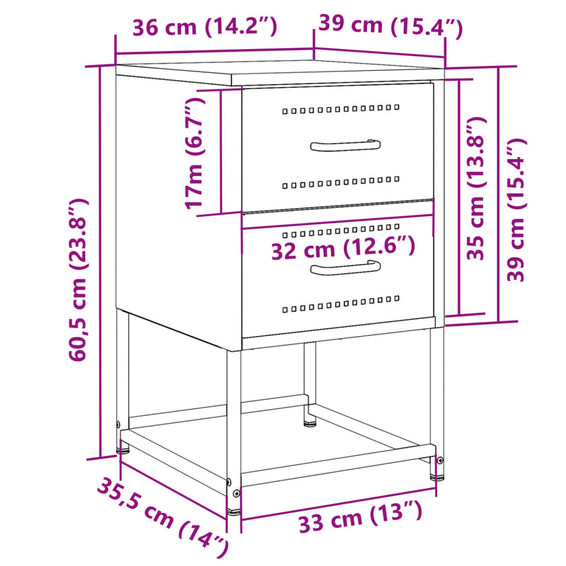 Nattbord 2 stk rosa 36x39x60,5 cm stål