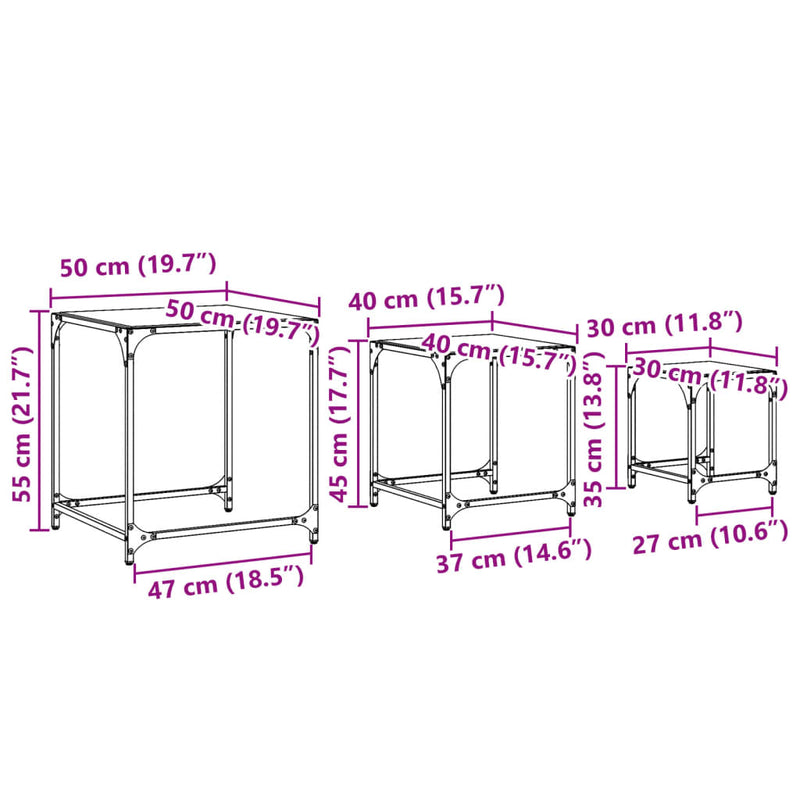 Stablebare salongbord 3 stk med svart glasstopp stål