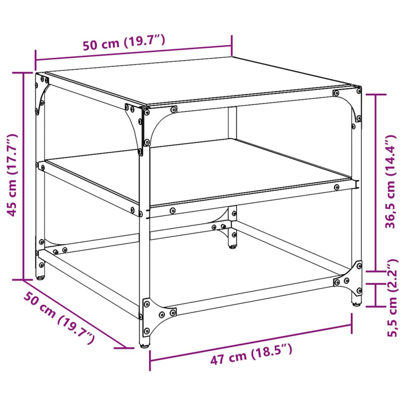 Sofabord med gjennomsiktig glassplate 2 stk 50x50x45 cm stål