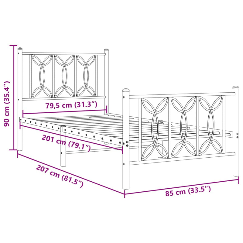 Sengeramme i metall med hode- og fotgavl hvit 80x200 cm