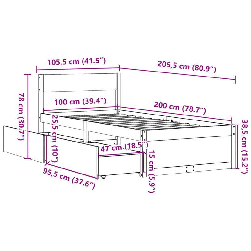 Sengeramme med skuffer hvit 100x200 cm heltre furu