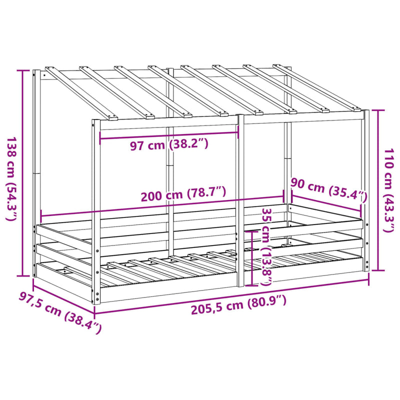 Barneseng med tak 90x200 cm heltre fruru