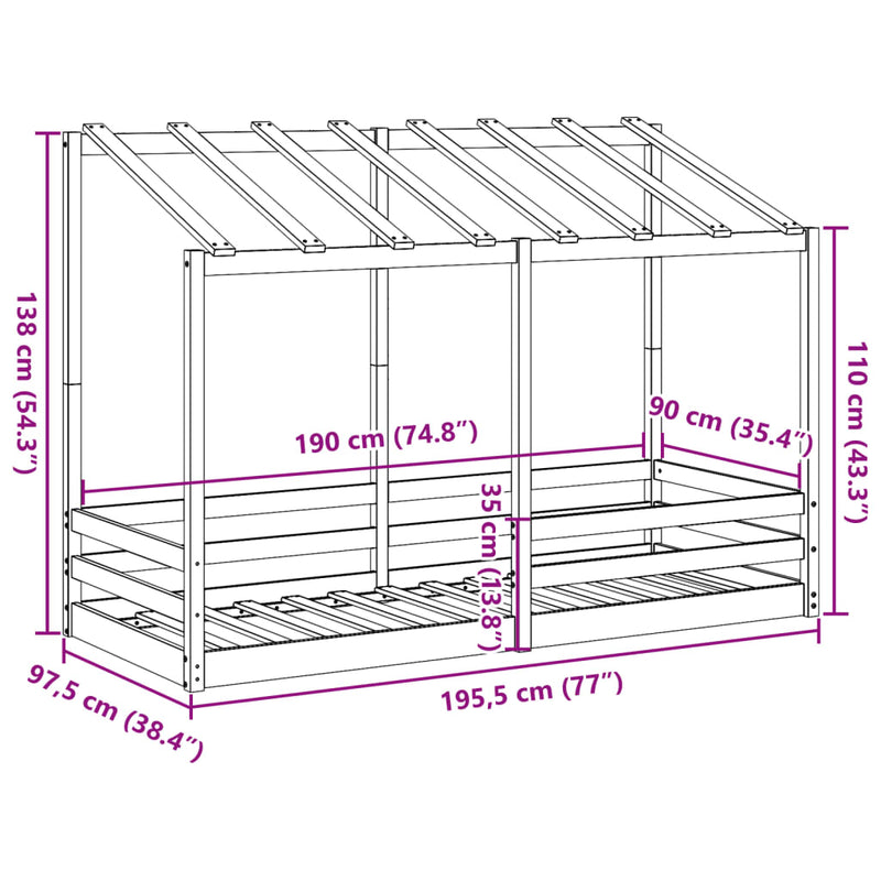 Barneseng med tak 90x190 cm heltre furu