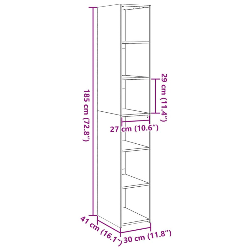 Hylle hvit 30x41x185 cm konstruert tre