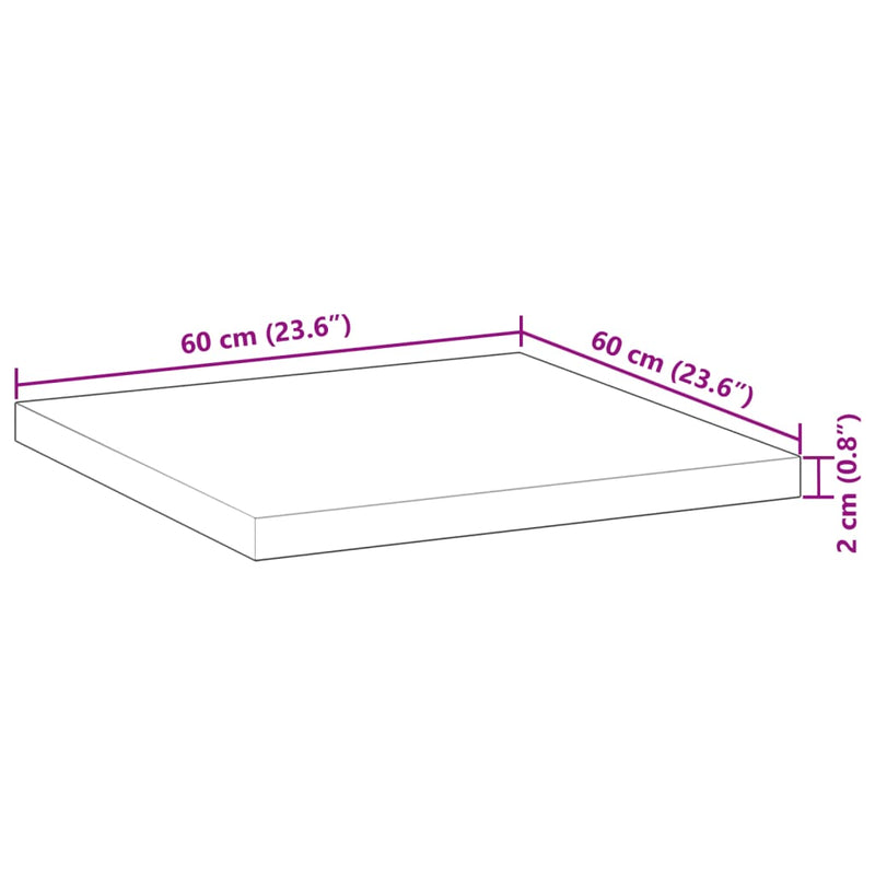 Bordplate firkantet 60x60x2 cm heltre akasie