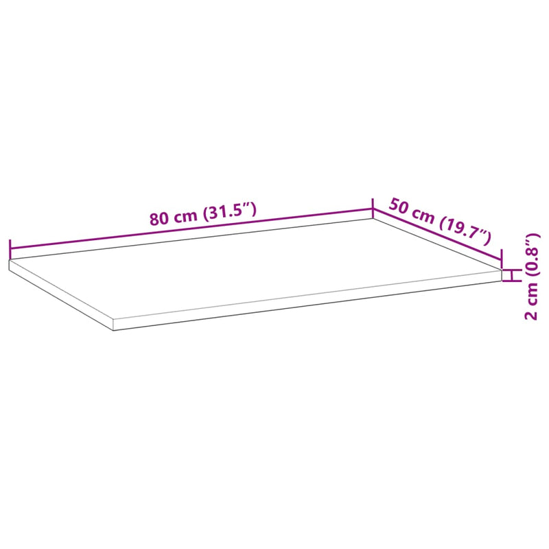 Bordplate rektangulær 80x50x2 cm heltre akasie