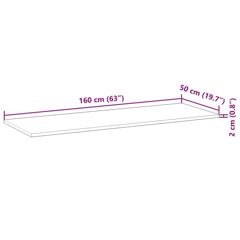 Bordplate rektangulær 160x50x2 cm heltre akasie