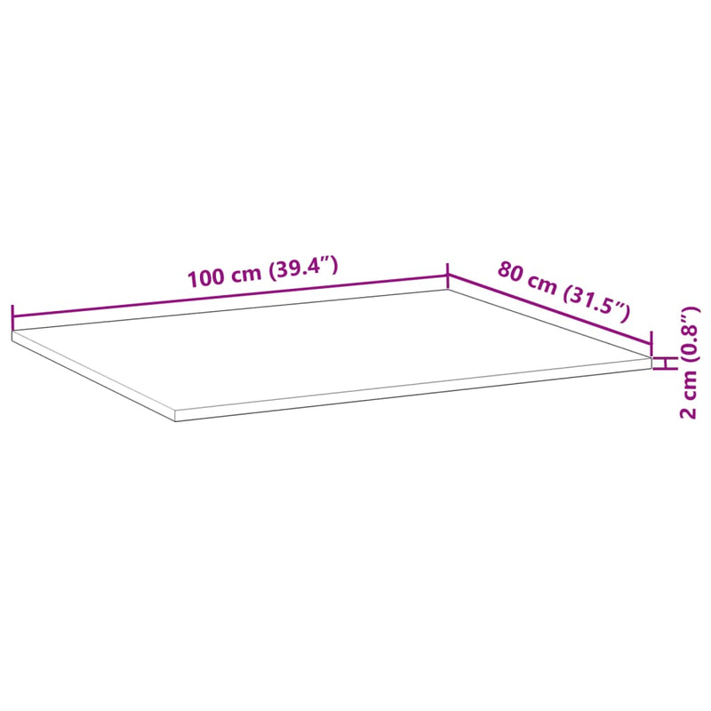 Bordplate rektangulær 100x80x2 cm heltre akasie