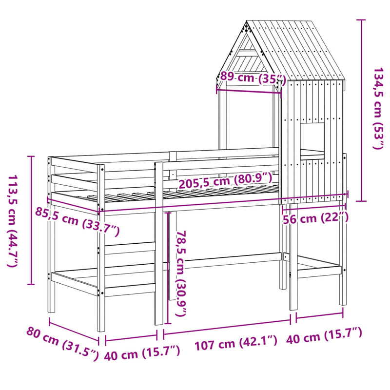 Køyeseng med stige og tak 80x200 cm heltre furu