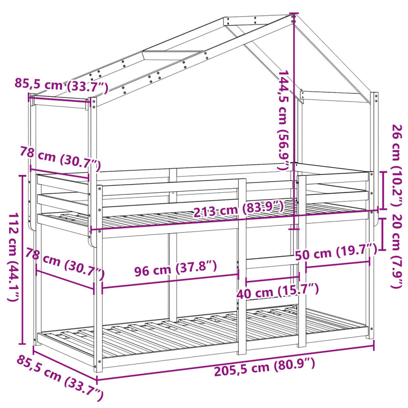 Køyeseng med tak hvit 80x200 cm heltre furu