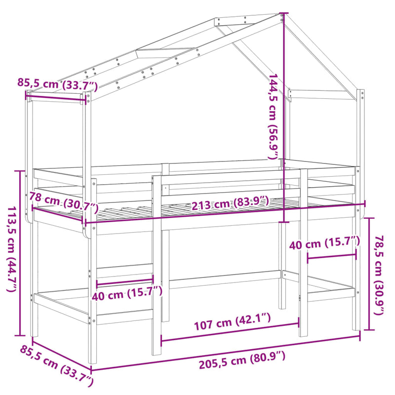 Køyeseng med stige og tak hvit 80x200 cm heltre furu