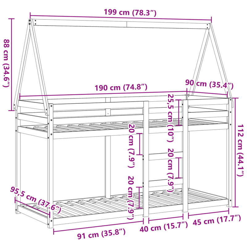 Køyeseng med tak hvit 90x190 cm heltre furu