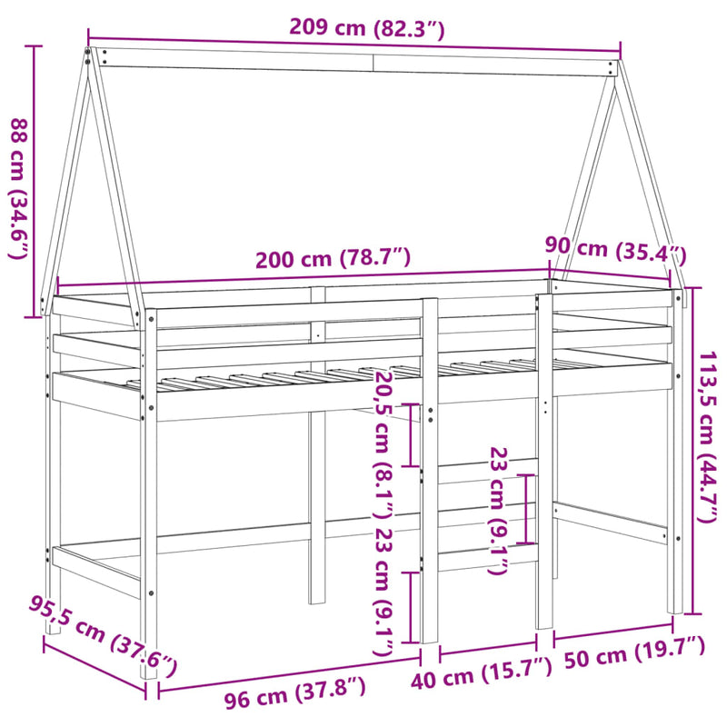 Køyeseng med stige og tak 90x200 cm heltre furu