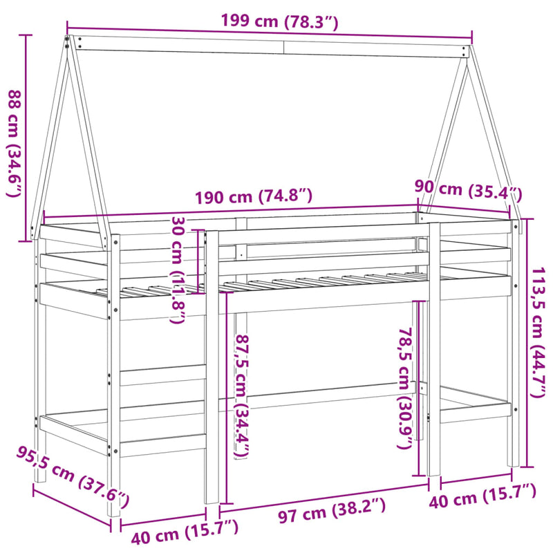 Køyeseng med stige og tak 90x190 cm heltre furu