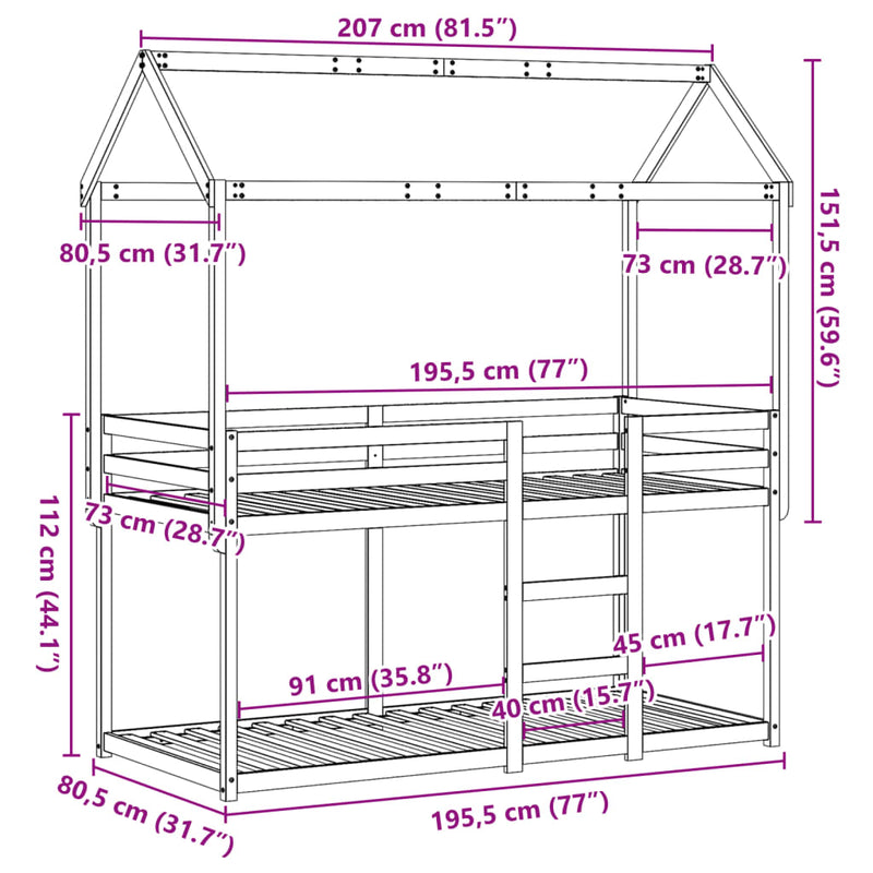 Køyeseng med tak 75x190 cm heltre furu