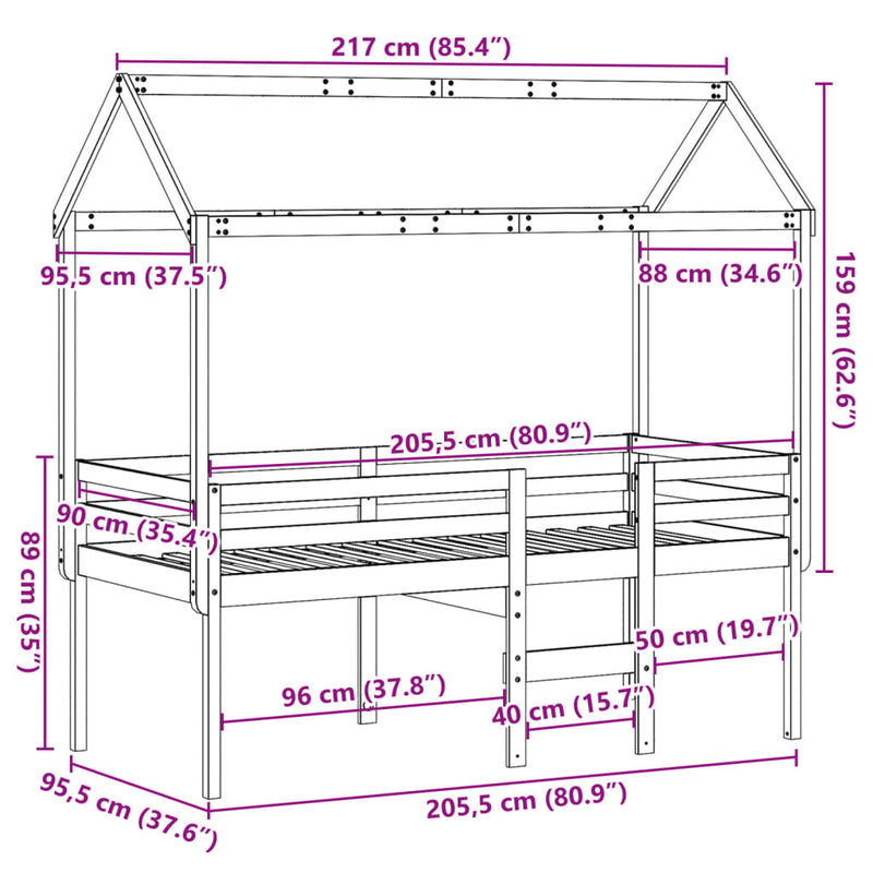 Høyseng med tak 90x200 cm heltre furu