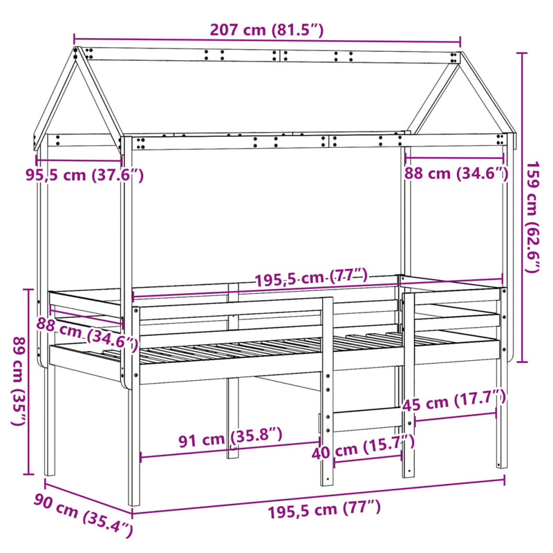 Høyseng med tak hvit 90x190 cm heltre furu