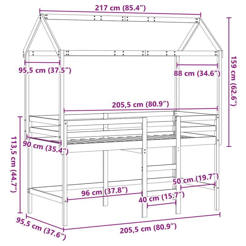 Køyeseng med stige og tak 90x200 cm heltre furu