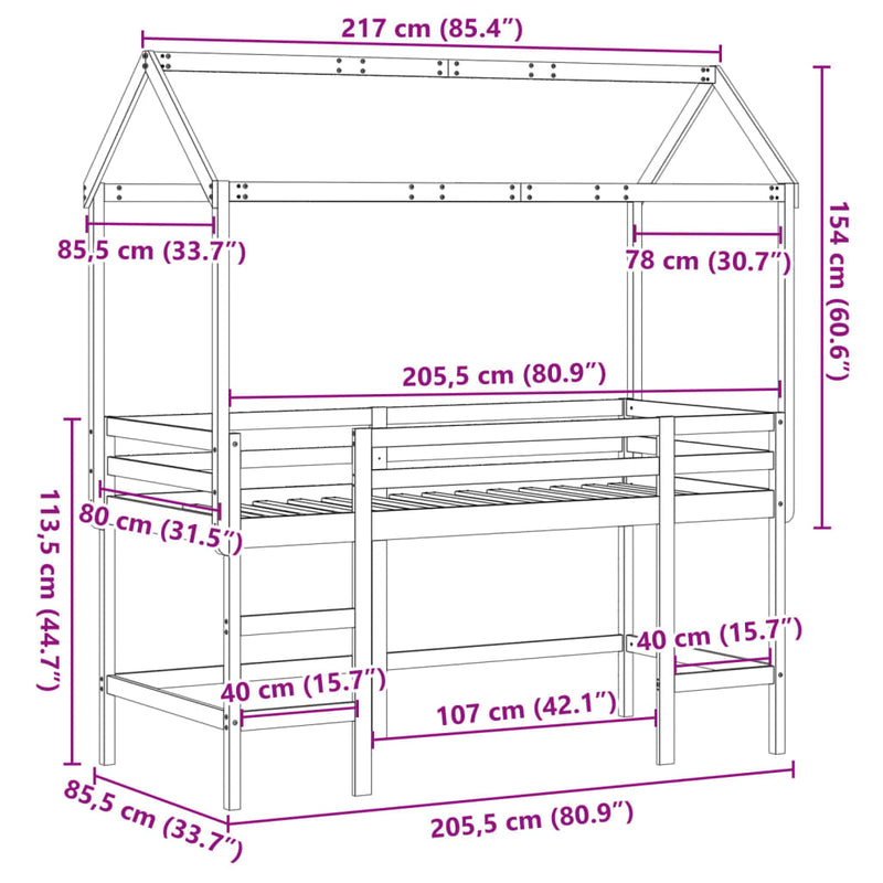 Køyeseng med stige og tak hvit 80x200 cm heltre furu