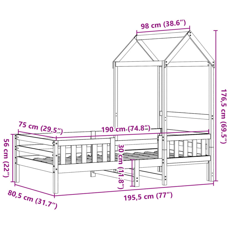 Sengeramme med tak 75x190 cm heltre furu