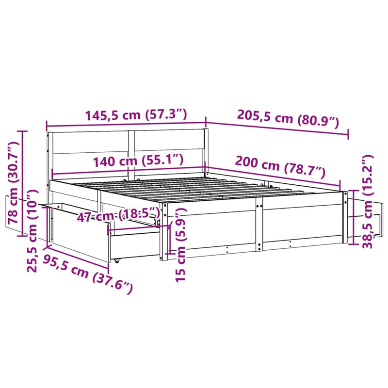 Sengeramme med skuffer 140x200 cm heltre furu