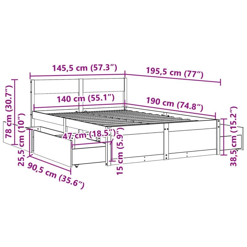 Sengeramme med skuffer brun 140x190 cm heltre furu