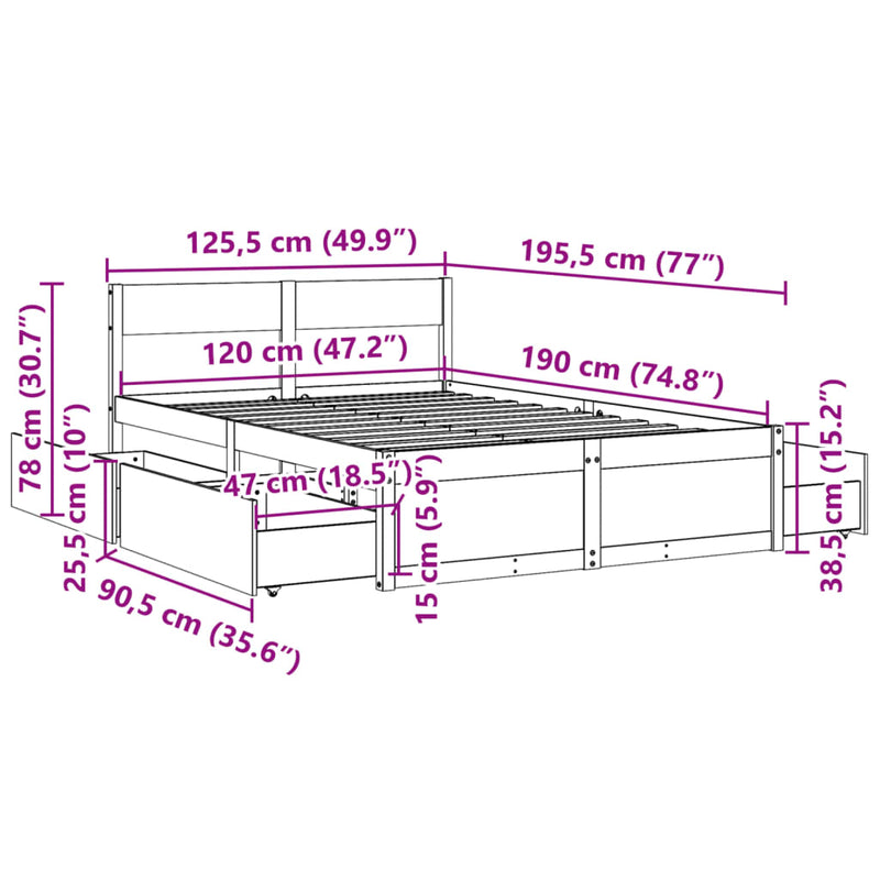 Sengeramme med skuffer 120x190 cm heltre furu