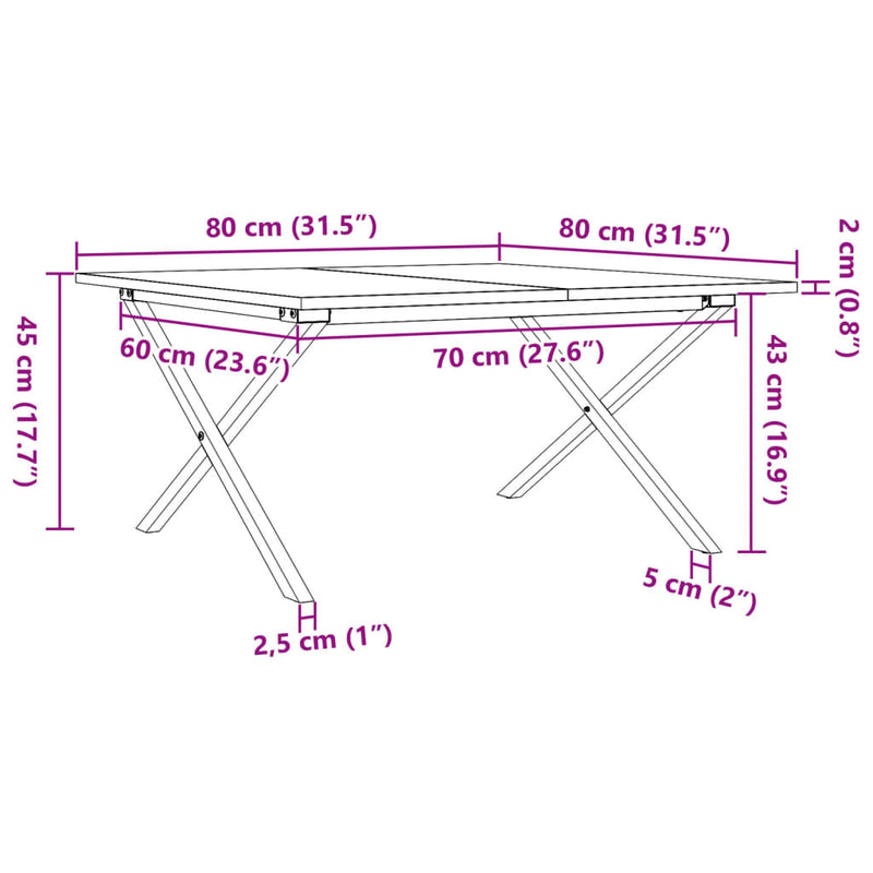 Salongbord X-ramme 80x80x45 cm heltre furu og støpejern