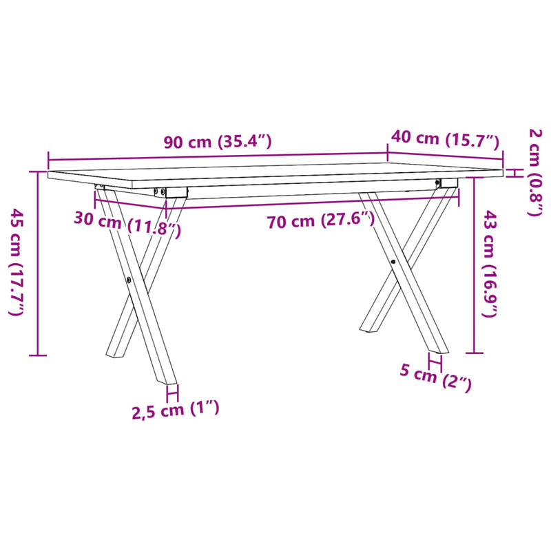 Salongbord X-ramme 90x40x45 cm heltre furu og støpejern