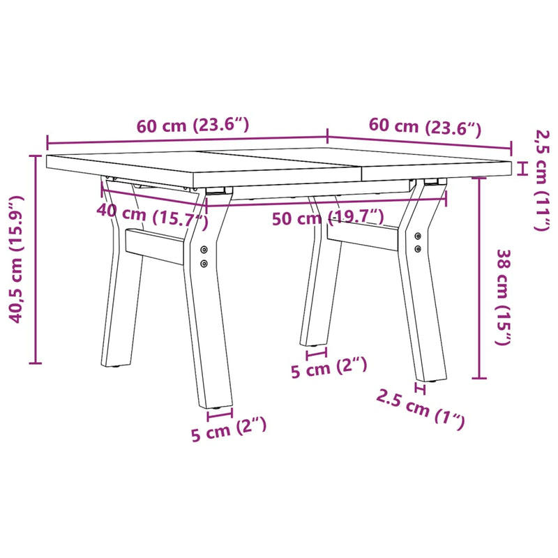 Salongbord Y-ramme 60x60x40,5 cm heltre furu og støpejern